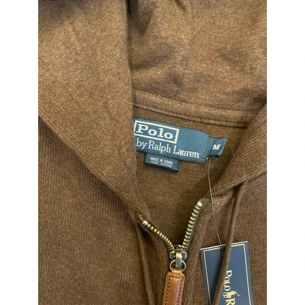 Polo Ralph Lauren Mens Brown Cotton Knit Full Zip Hoodie Teal Pony Logo Size M